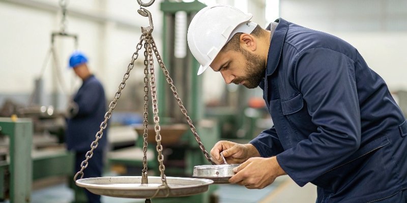 A quality control inspector testing the accuracy of a weighing scale in a factory