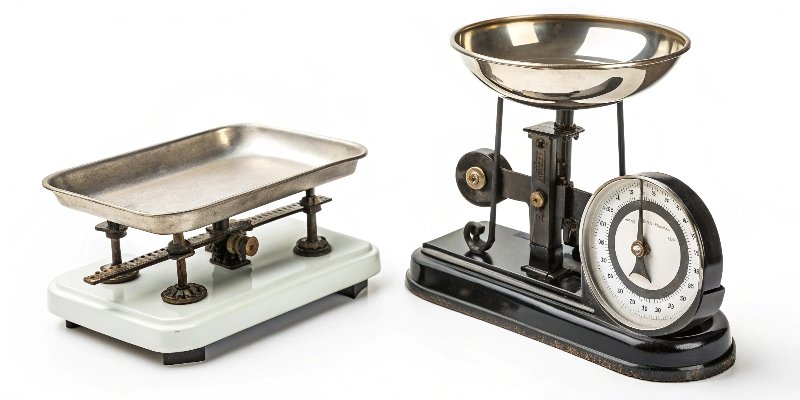Electronic vs Mechanical Scale Two scales side-by-side, one modern electronic and one old mechanical.