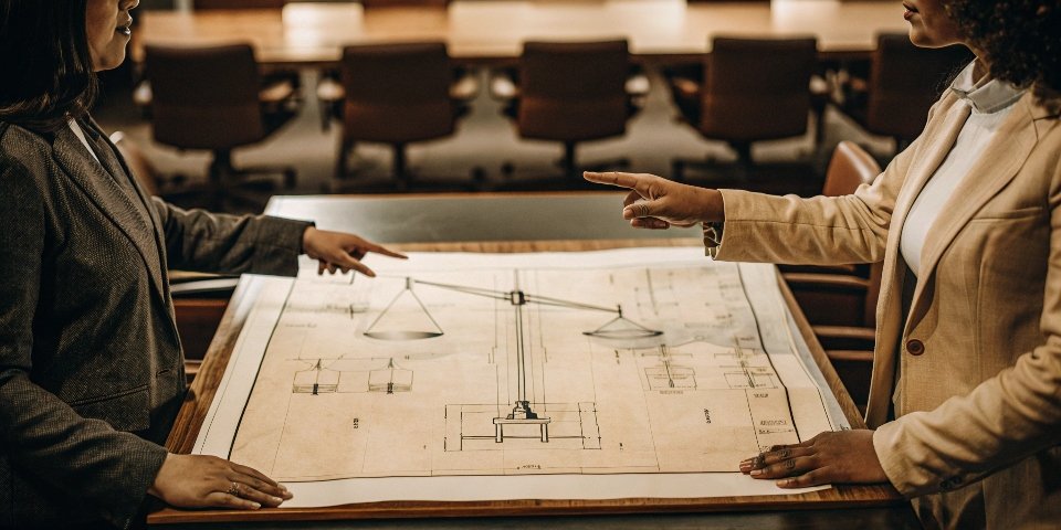 Technical Communication in Weighing Two professionals discussing a technical blueprint featuring weighing equipment