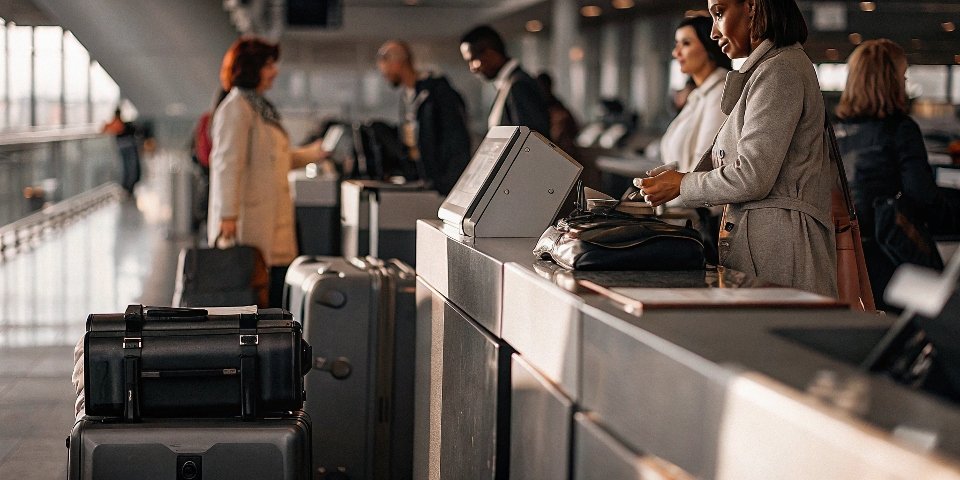 Airline baggage weight limits An airport check-in counter with a luggage scale in the foreground