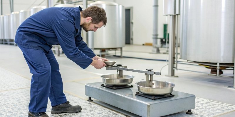 Calibrating a Scale for Accuracy A technician using certified calibration weights on an industrial scale.