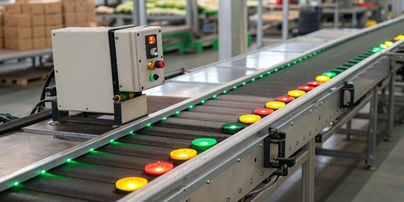 Checkweigher with Indicator Lights A checkweigher on a conveyor belt with green, yellow, and red indicator lights