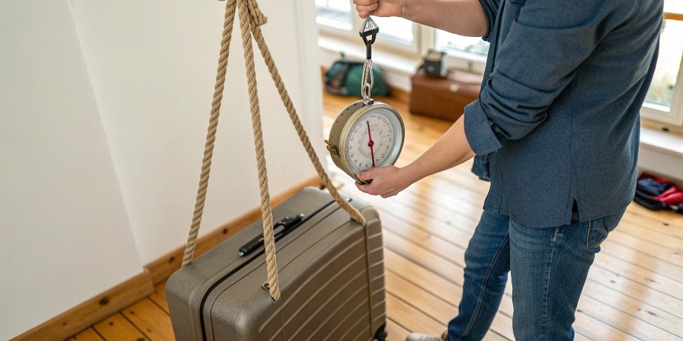 DIY luggage weighing methods A person using a hanging hook scale to weigh a suitcase at home
