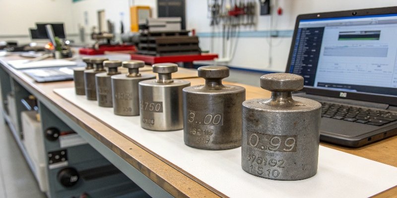 Certified Tools and Standards for Calibration An array of certified, heavy-duty test weights ready for use in scale calibration.