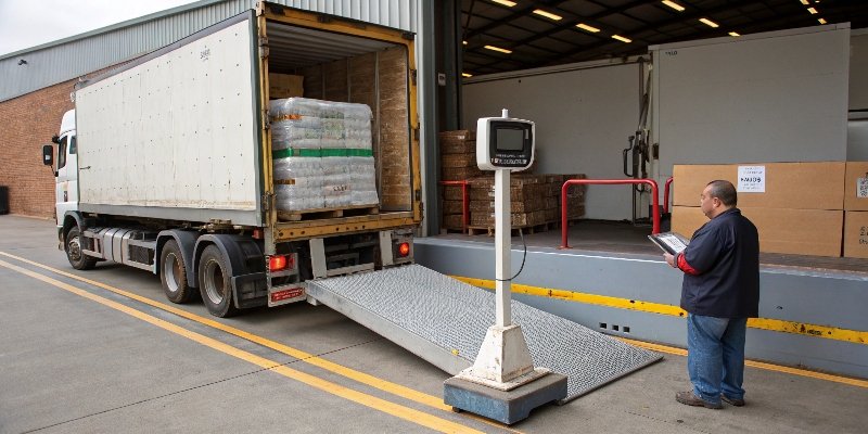 Loading and Weighing truck being loaded with goods near a truck scale