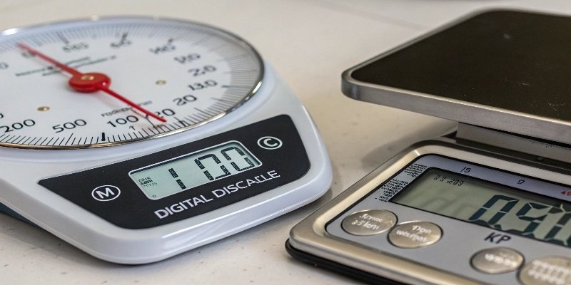 A modern digital scale next to an older electronic scale with a needle