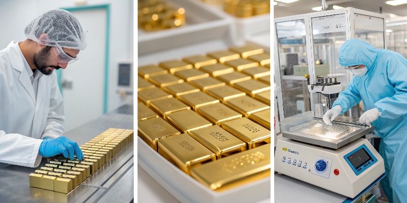 Fields Requiring High Precision Weighing A split image showing a pharmaceutical cleanroom, a microchip, and gold bars.