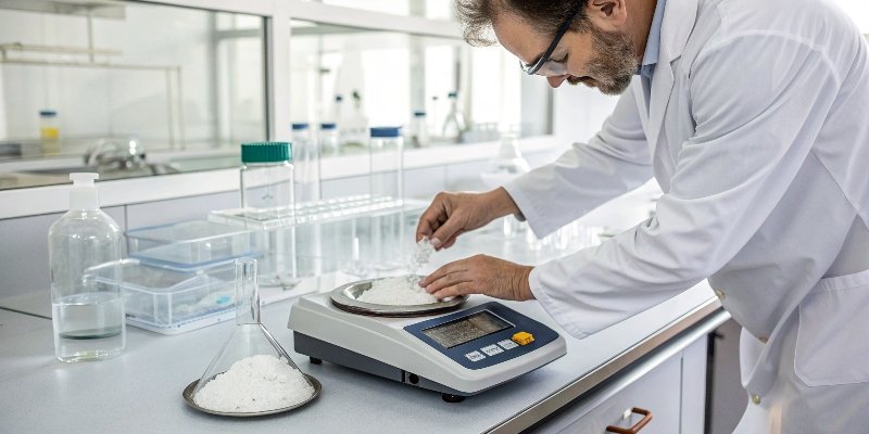 Scientific Use of Electronic Scale A scientist in a lab coat carefully placing powder on a high-precision analytical balance.