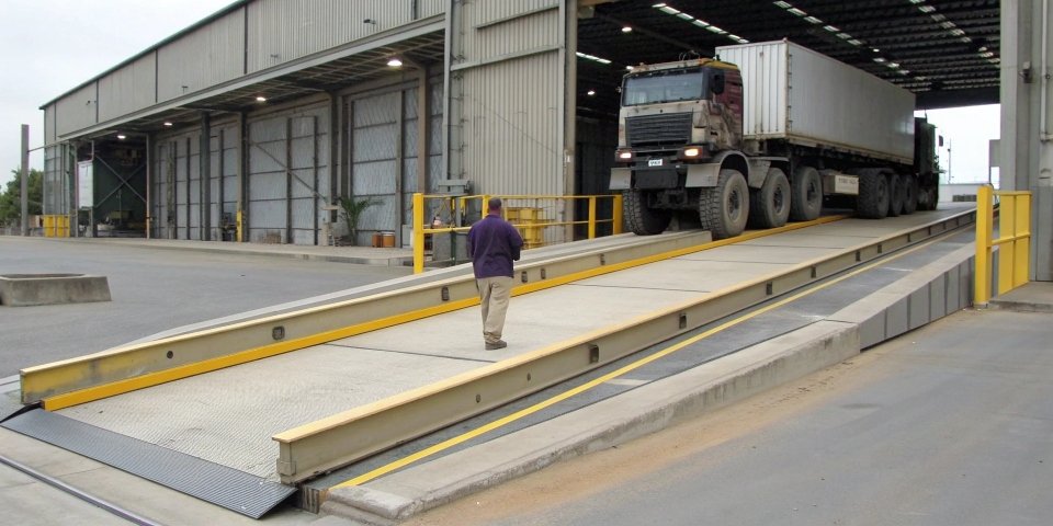Industrial Truck Weighing A massive truck driving onto an industrial weighbridge scale