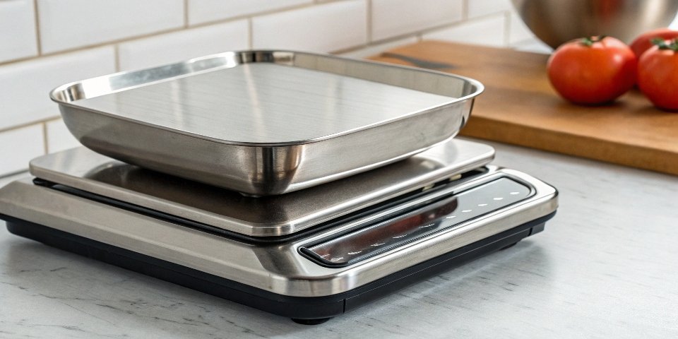 A close-up shot showing the durable stainless steel surface and quality construction of a kitchen scale