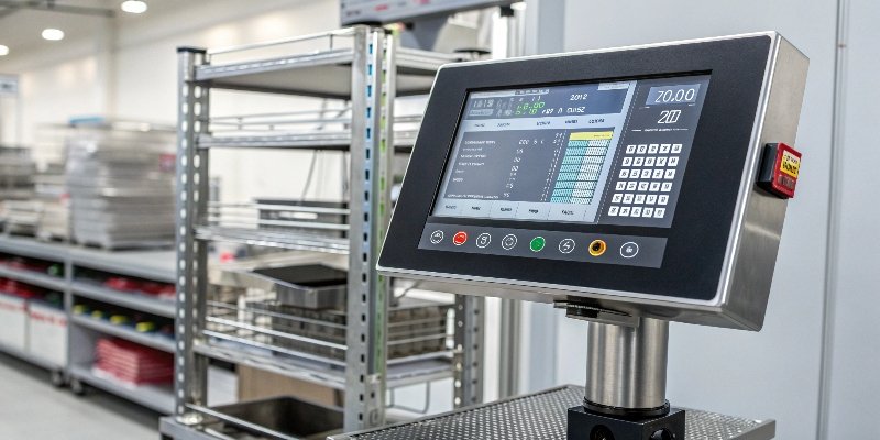 An advanced industrial scale with automatic calibration features. A high-end industrial scale with a complex digital display