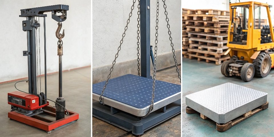 A collage showing different types of scales: mechanical, digital, and industrial