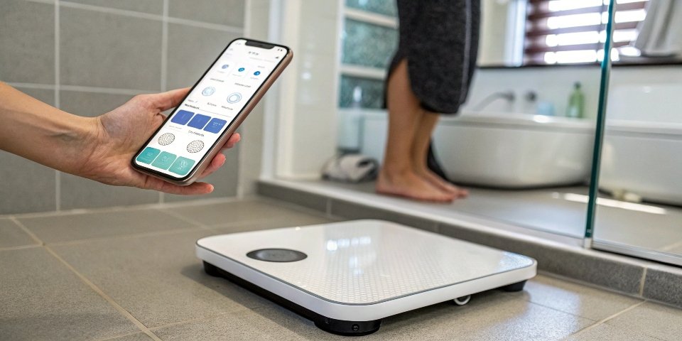 A smartphone showing a health tracking app connected to a smart scale