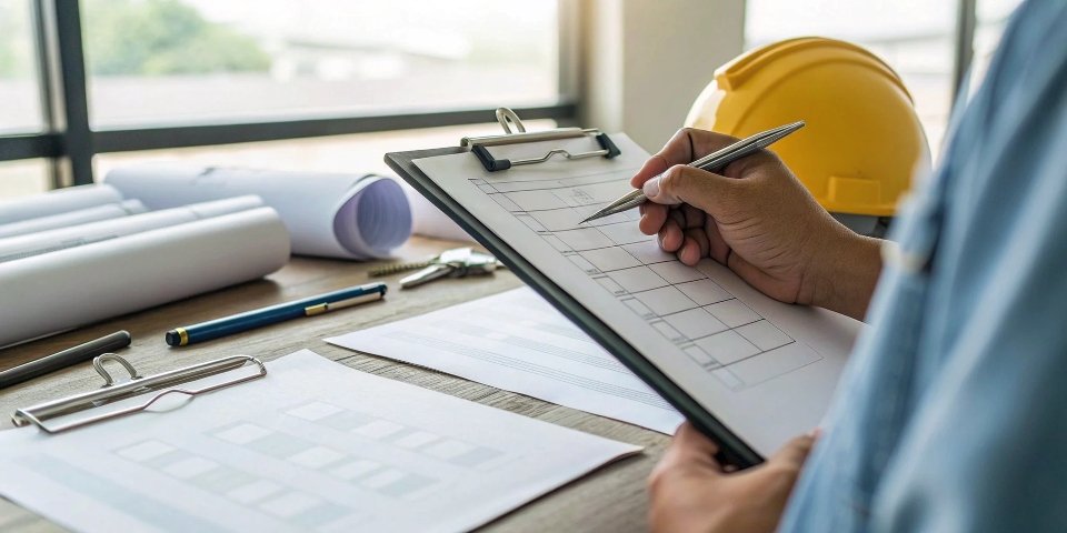 Comparing Industrial Scale Manufacturers A checklist on a clipboard being used to compare industrial equipment specifications.