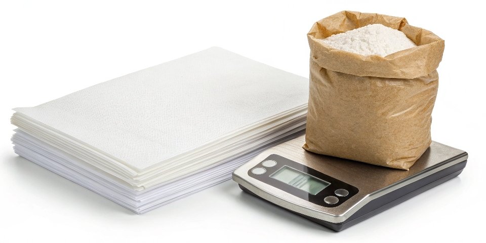 A ream of paper and a bag of sugar next to a digital scale