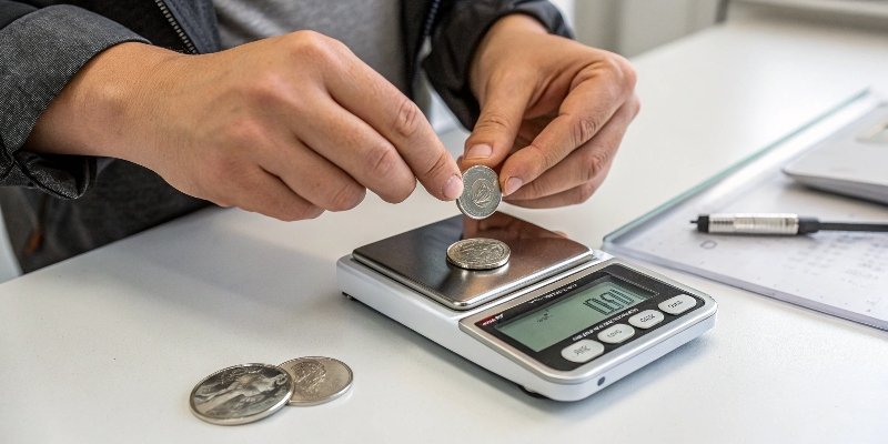 Checking a Digital Scale with a Coin A person placing a nickel on a small digital scale to check its calibration