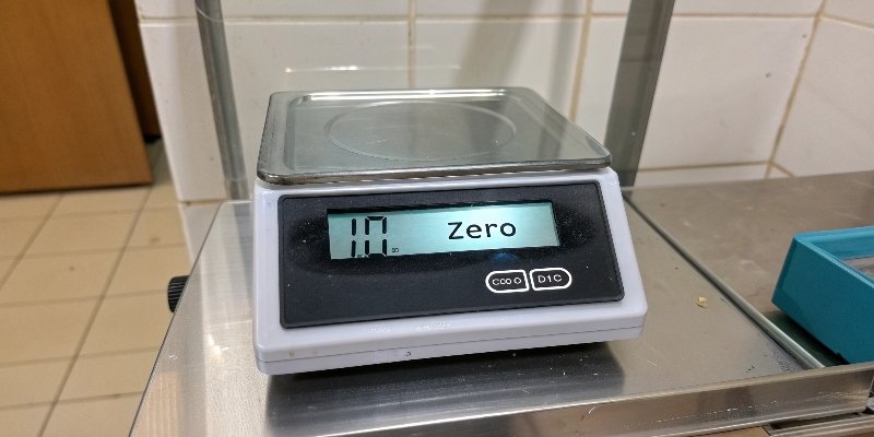 A digital scale display showing a small weight reading when the platform is empty.