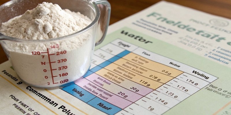 Volume and Density Chart A measuring cup with flour next to a chart showing material densities