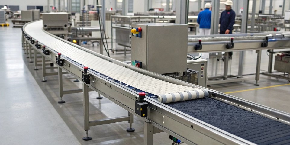 Automated Industrial Weighing Machine An automated conveyor belt with an integrated checkweigher in a factory setting