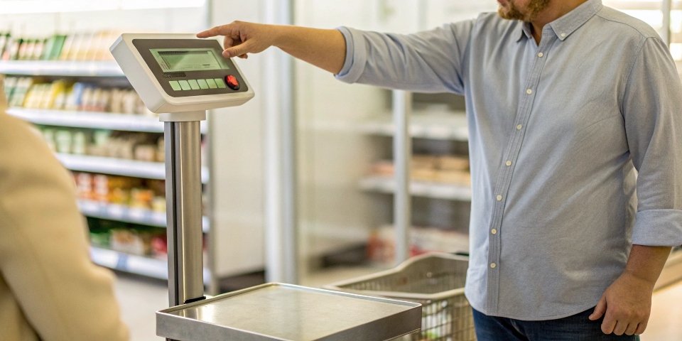 How to Check a Scale's Accuracy A person pointing at a scale's display that reads zero.