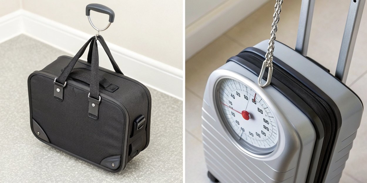 Comparing luggage weighing scales A side-by-side comparison of a hanging luggage scale and a bathroom scale