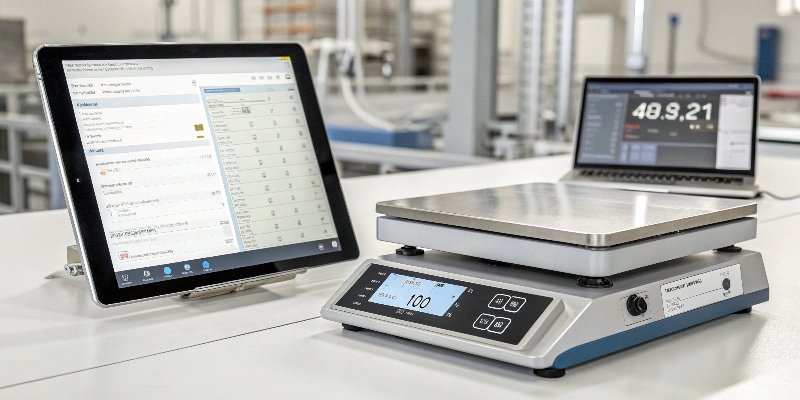IoT Smart Scale Connecting to Devices A smart industrial scale sending data wirelessly to a tablet and a desktop computer