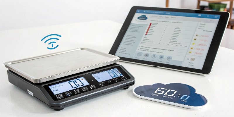 Smart Weighing Scale with IoT A smart scale transmitting data wirelessly to a tablet and a cloud server icon.