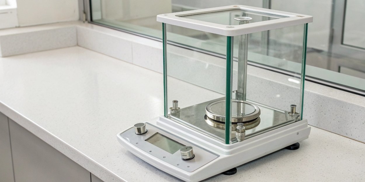 Laboratory Weighing Balance A high-precision laboratory balance with a glass enclosure for accuracy