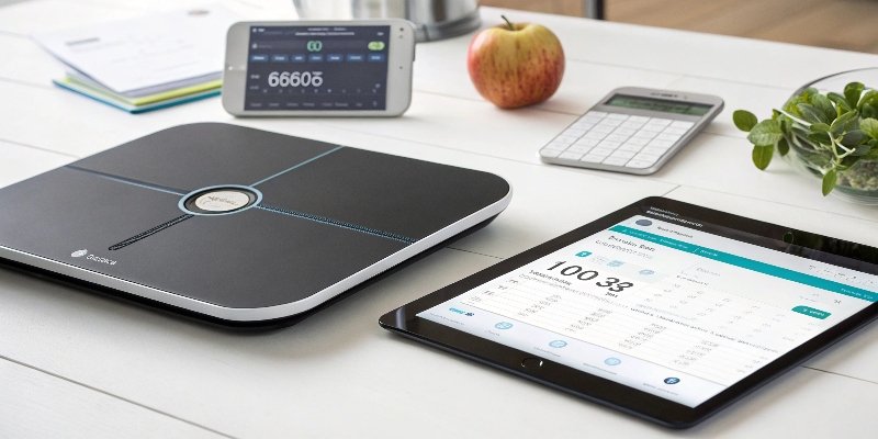 A scale connected wirelessly to a tablet displaying weight data