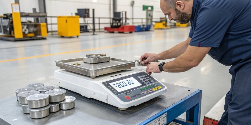 Industrial Scale Calibration A technician using certified weights to calibrate an industrial scale