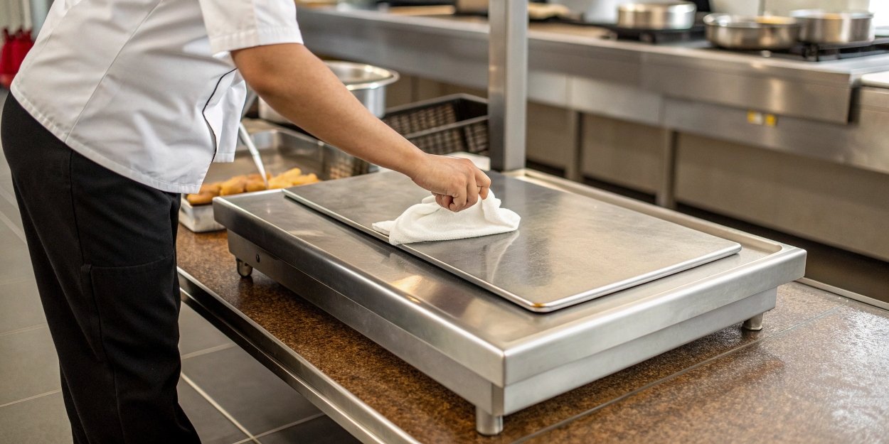 A person easily wiping down a durable stainless steel scale platform in a busy kitchen environment.