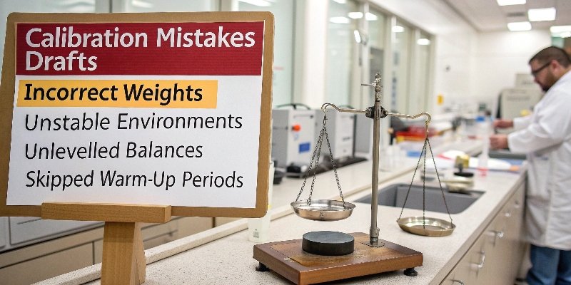 Common Calibration Errors A warning sign showing common calibration mistakes like drafts and incorrect weights.