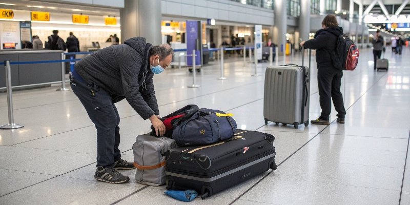 Repacking Overweight Luggage at Airport A traveler repacking their suitcase on the airport floor