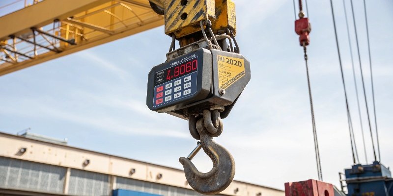 Rigging Load Cell for Crane Safety A crane hook with a dynamometer-style load cell attached, showing a weight display
