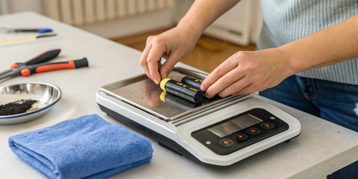 Troubleshooting a Digital Scale A person cleaning a digital scale and checking the batteries