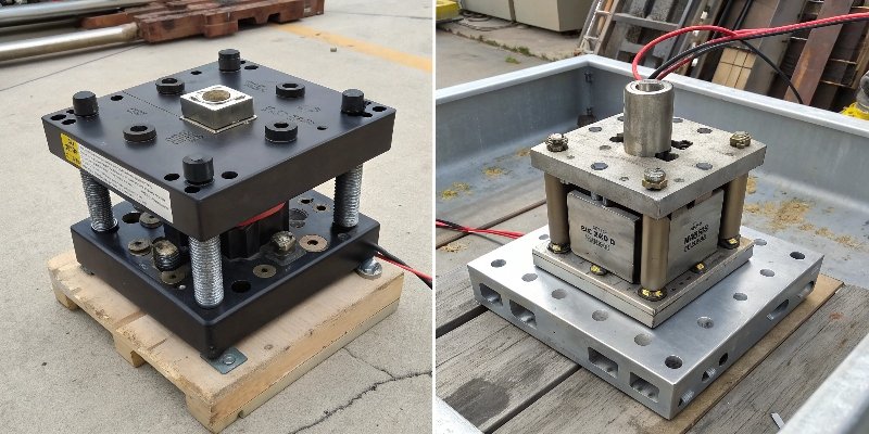 Side-by-side comparison of a complex load cell mounting assembly and a simple load pin replacement