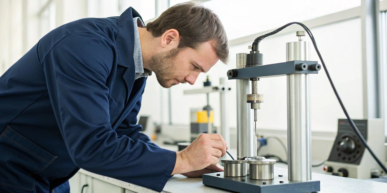 Load Cell Accuracy and Calibration A quality control engineer testing the accuracy of a load cell with calibration weights.