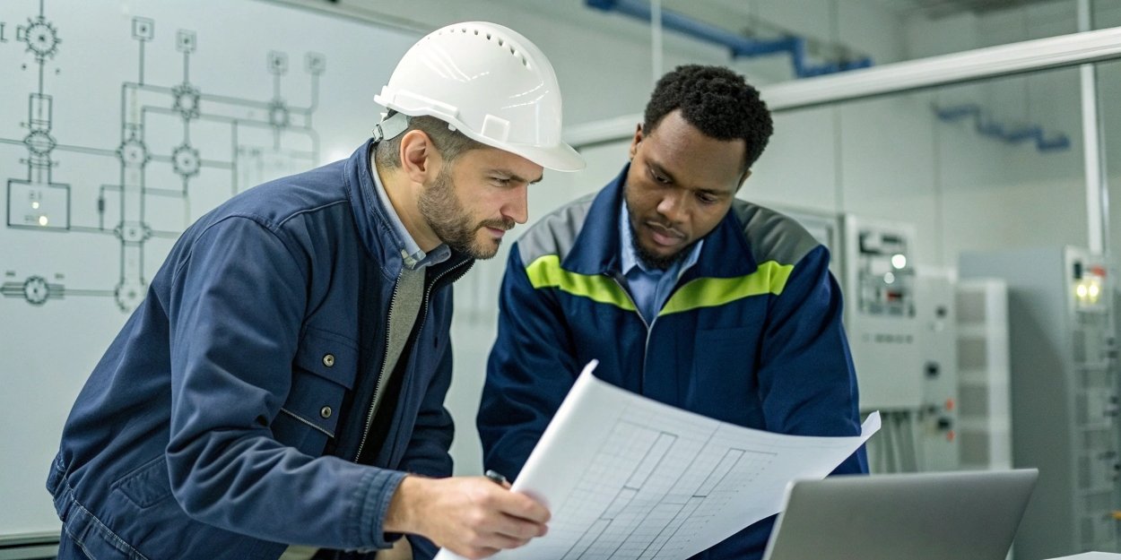 Choosing a Weighing Machine Supplier Two engineers, one from a hardware company and one from a software company, collaborating over a technical diagram.