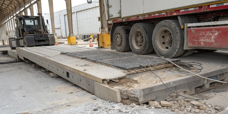 Challenges in Maintaining Truck Scale Accuracy A truck scale in a harsh industrial environment, showing signs of wear and tear.