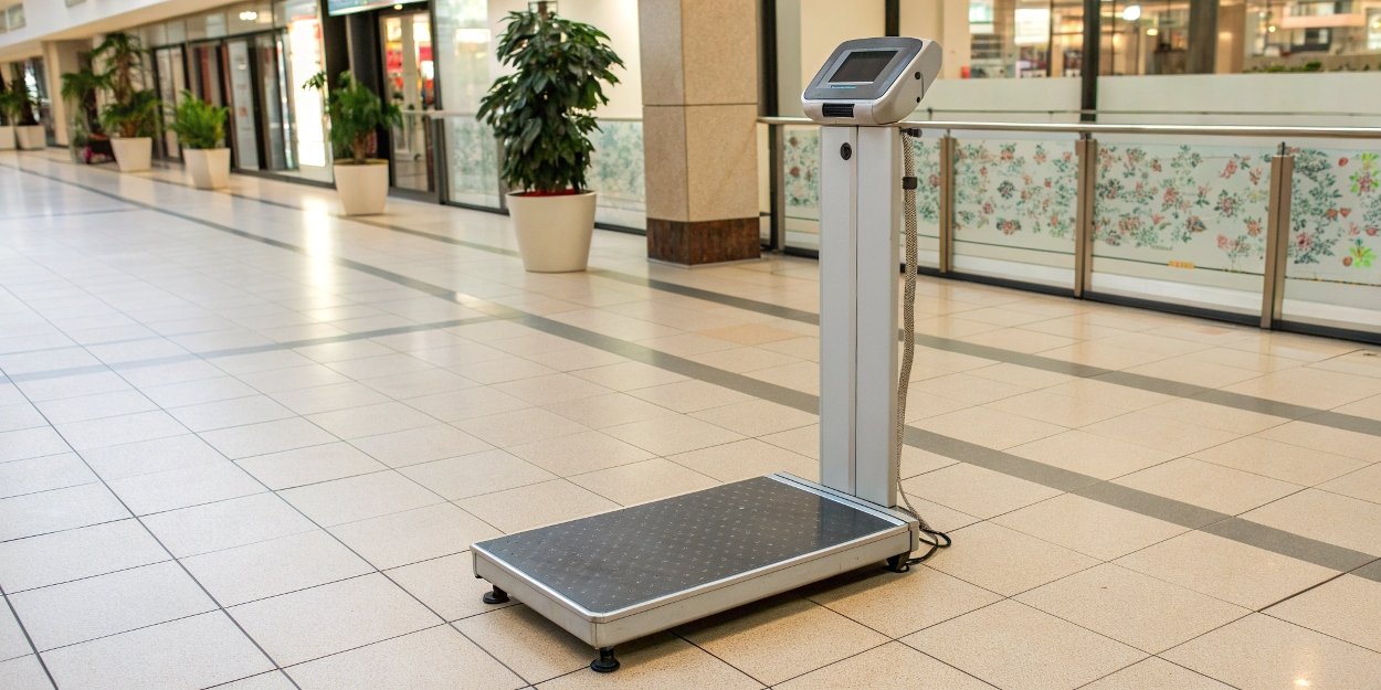 Mall Scale Accuracy A coin-operated personal weighing scale in a shopping mall.