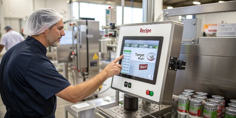 A technician operating the touchscreen control panel of a multihead weigher
