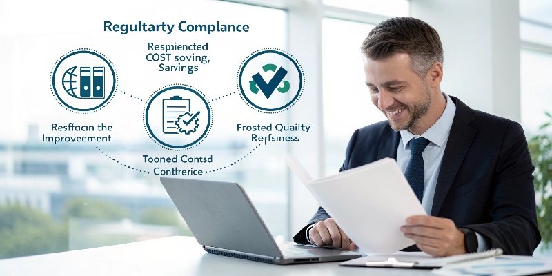 Benefits of 0.001g Accuracy Balance An infographic showing icons for compliance, cost savings, and quality.