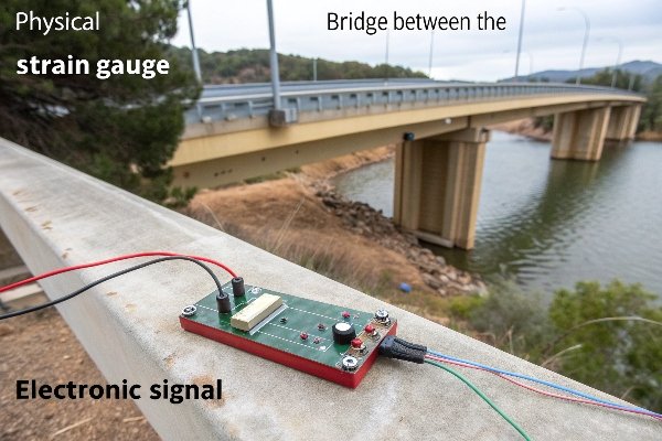 An infographic showing a physical bend being converted into an electronic signal symbol by a strain gauge