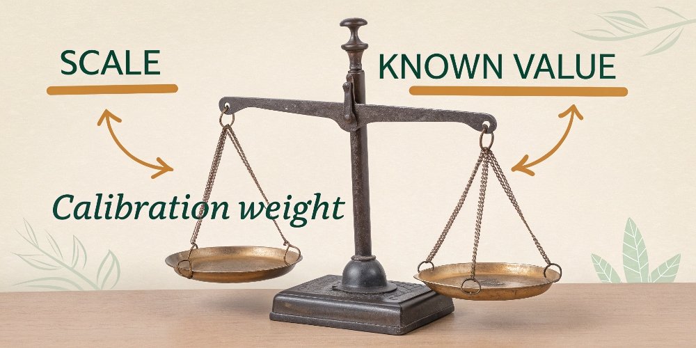 Mass Standard Calibration Process A simple diagram showing a scale's reading compared against the known value of a calibration weight.