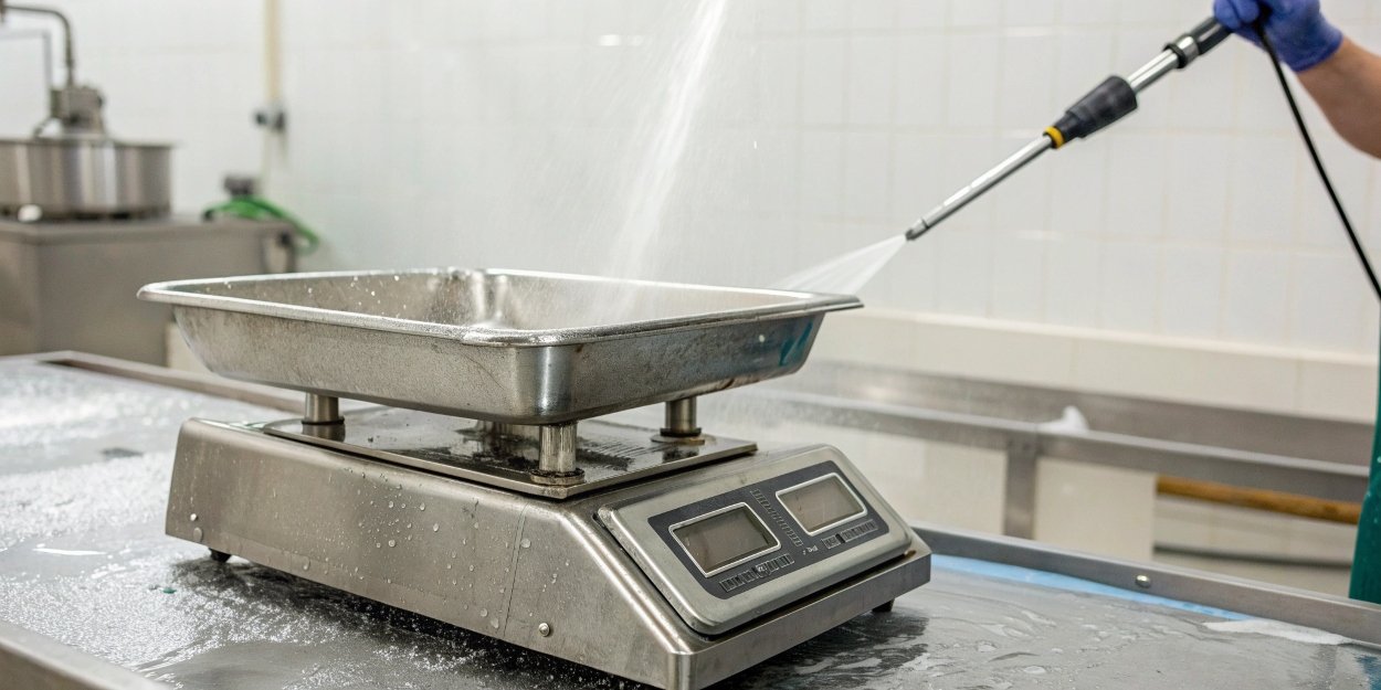 Food-Grade Weighing Scale A food-grade stainless steel scale being cleaned in a washdown environment.