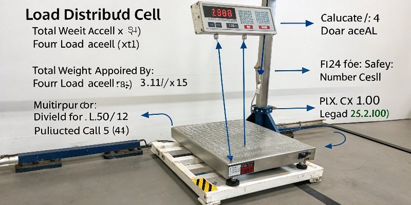 Load Cell Sizing Calculation A diagram showing how load is distributed across four load cells on a platform scale.