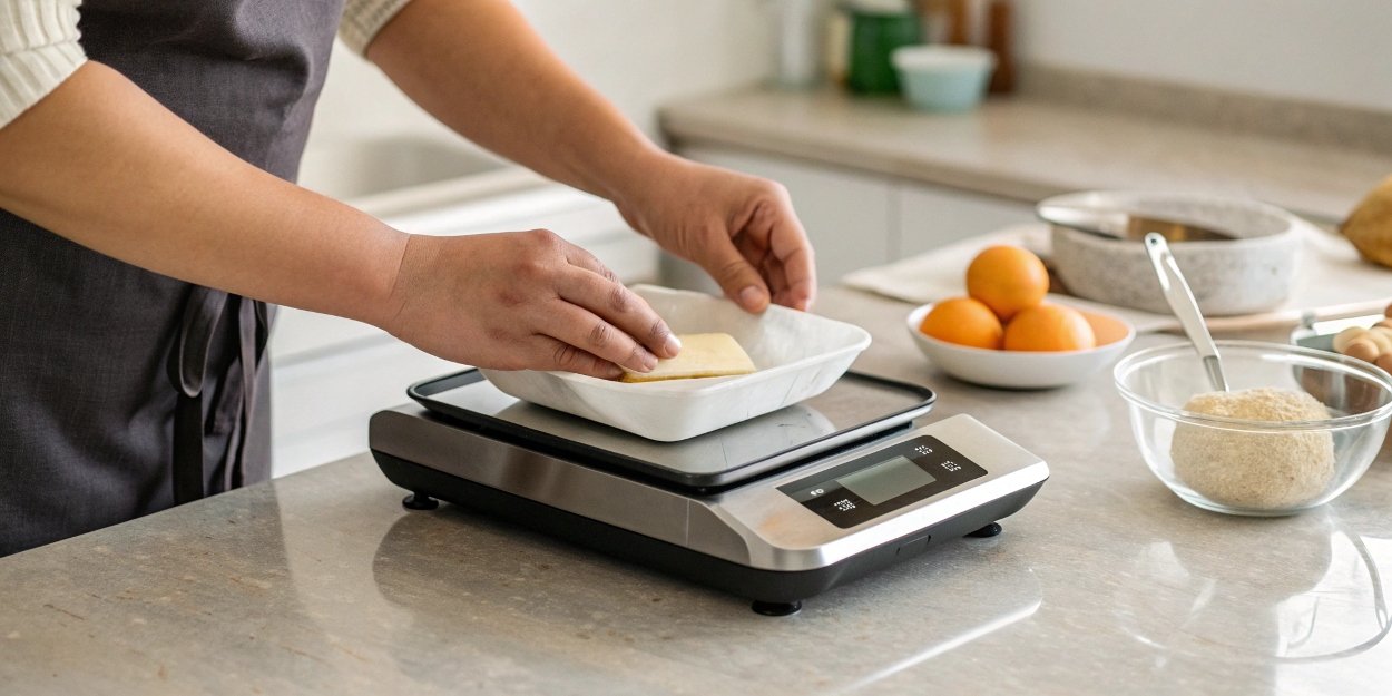 How to use a weighing scale correctly A person carefully placing an item on a digital kitchen scale