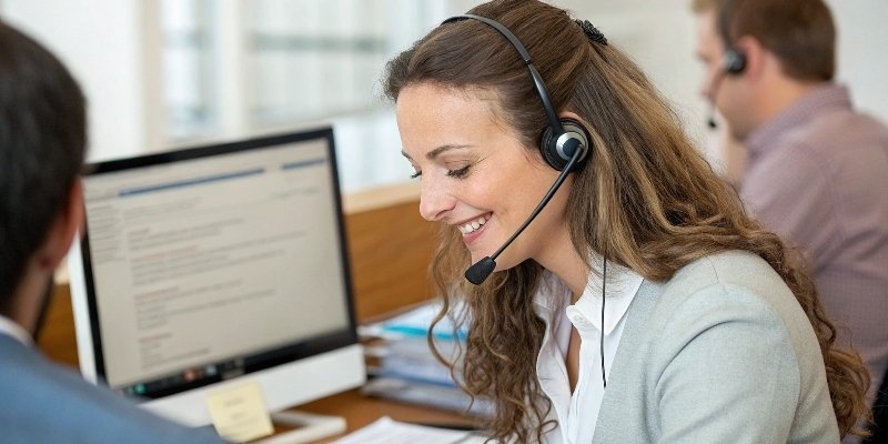 A customer service agent with a headset helping a client on the phone