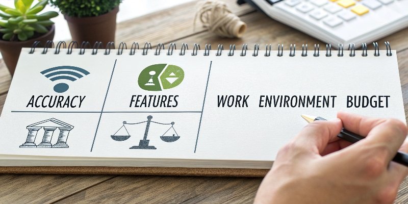 Factors for Choosing a Weighing Scale A checklist graphic with icons for accuracy, features, environment, and budget