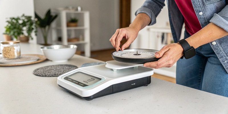 Calibrating a Smart Scale A person calibrating a smart scale with a known weight
